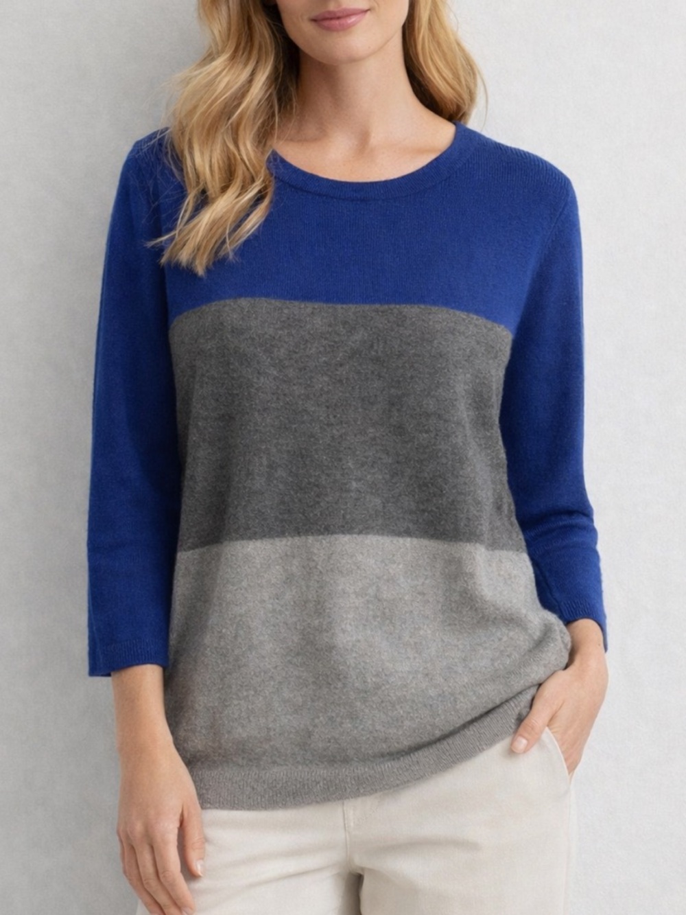 Garnett Hill Cashmere Color Block Sweater in Blue and Grey